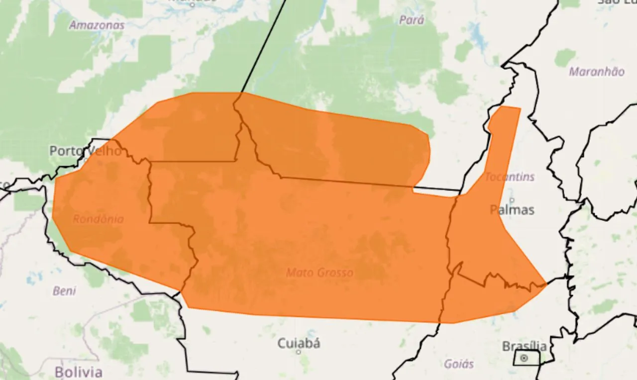 O mapa mostra as áreas em alerta para chuva intensa